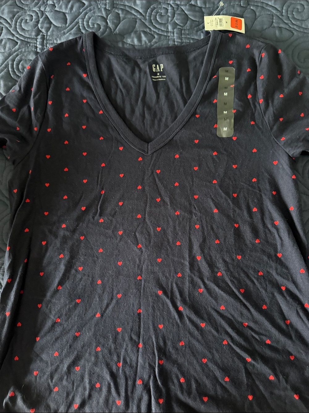 GAP Navy V-Neck Shirt with Small Red Heart Print